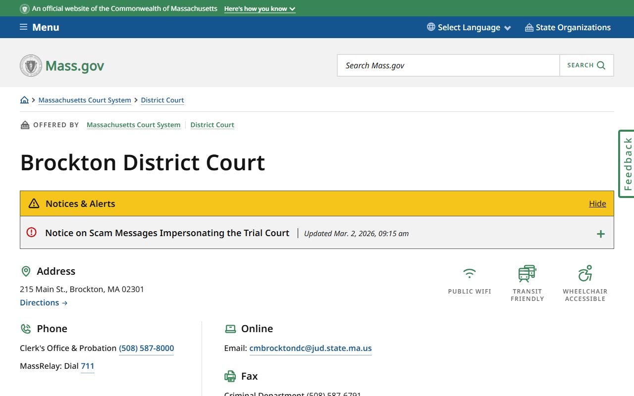 Brockton District Court page for criminal case and felony record searches