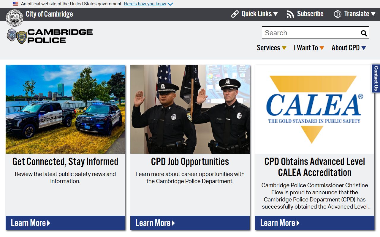 Cambridge Police Department website for police reports and felony records