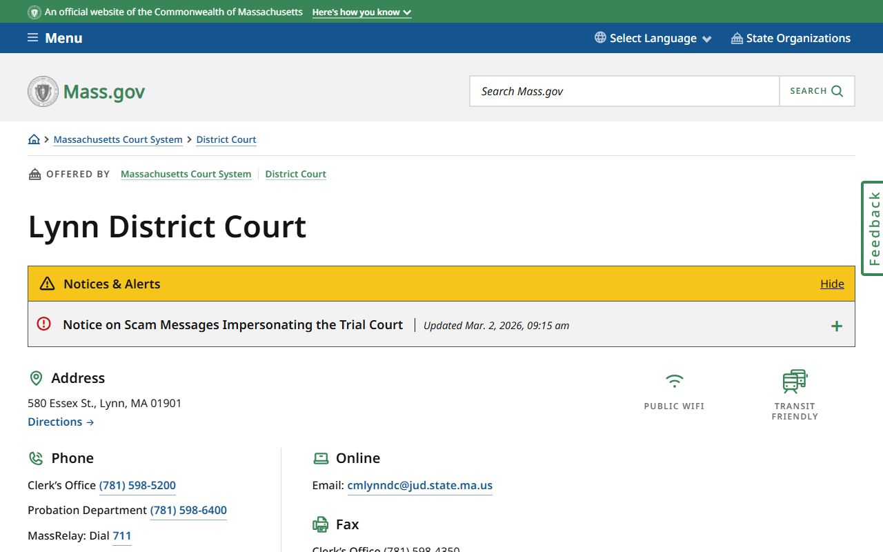 Lynn District Court page for felony record searches in Lynn MA