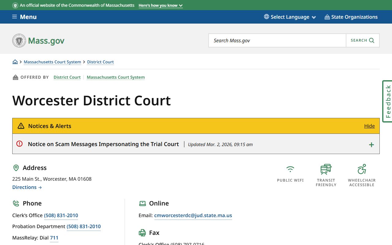 Worcester District Court location page for felony record searches