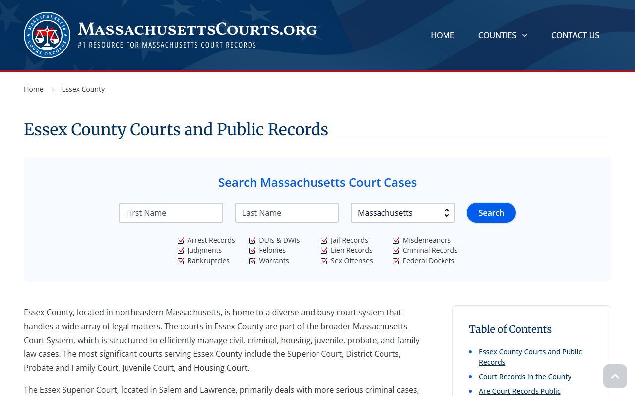 Essex County courts website with locations and contact information for felony record searches