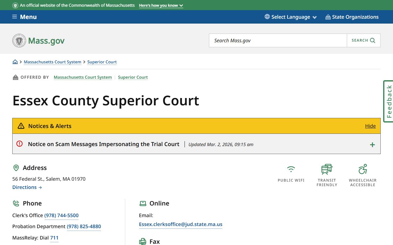 Essex County Superior Court website showing felony records access and contact information