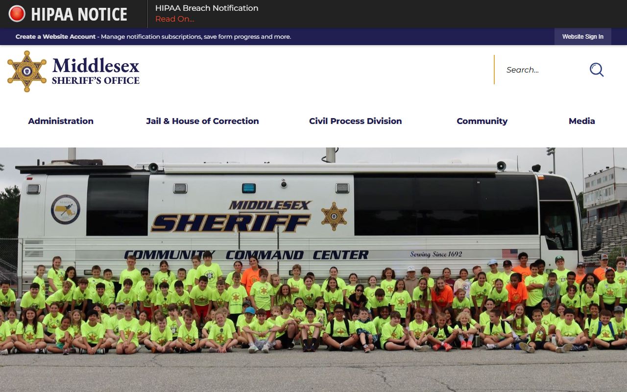 Middlesex County Sheriff's Department website with inmate and custody records