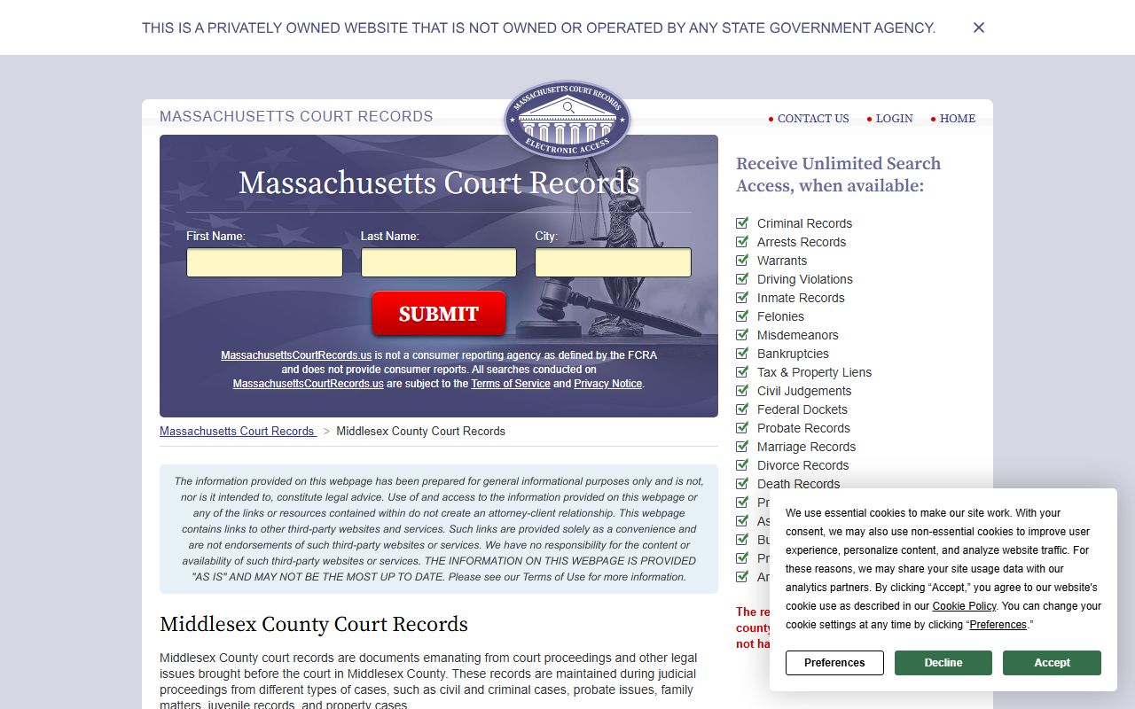 Massachusetts court records resource showing Middlesex County felony case search options