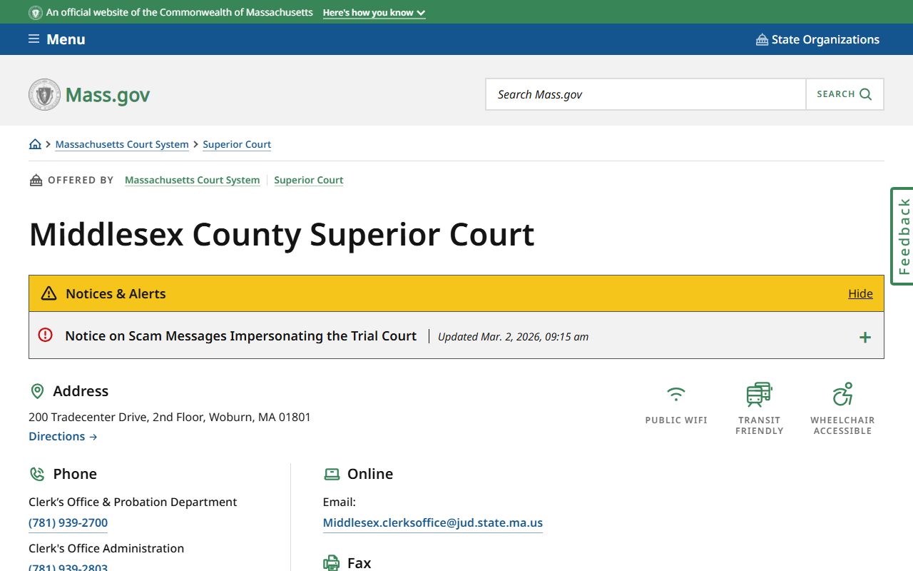 Middlesex County Superior Court page showing felony records access information