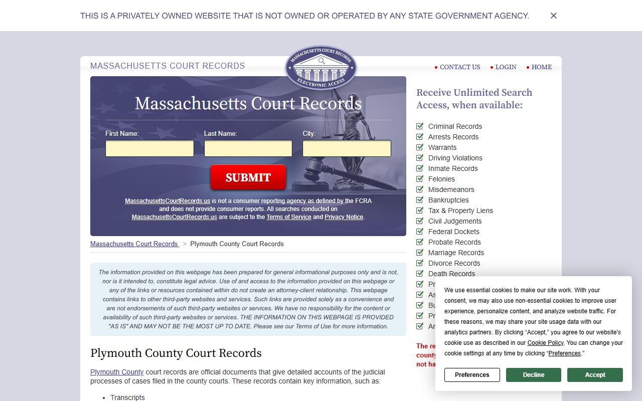 Plymouth County court records and felony records resource covering Brockton