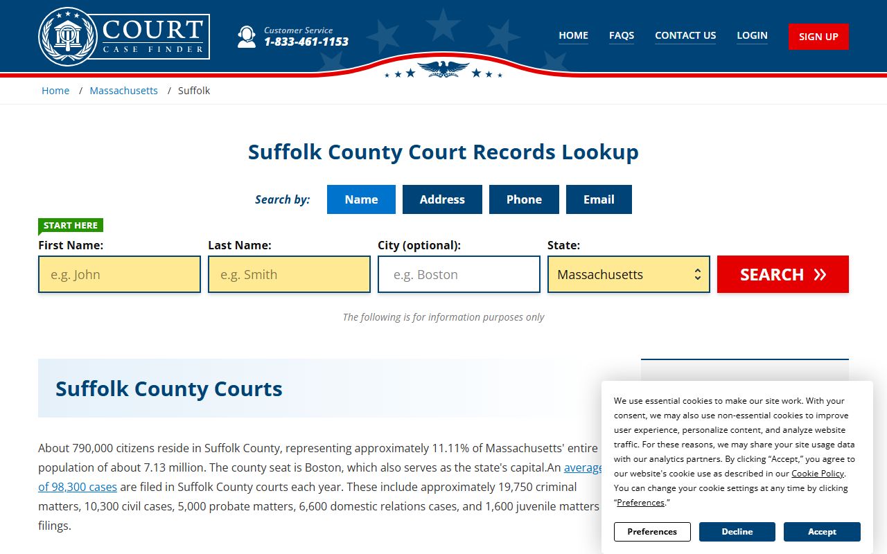 Suffolk County court case finder showing name-based felony record search