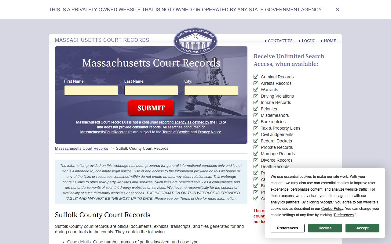 Massachusetts court records resource showing Suffolk County felony case search options