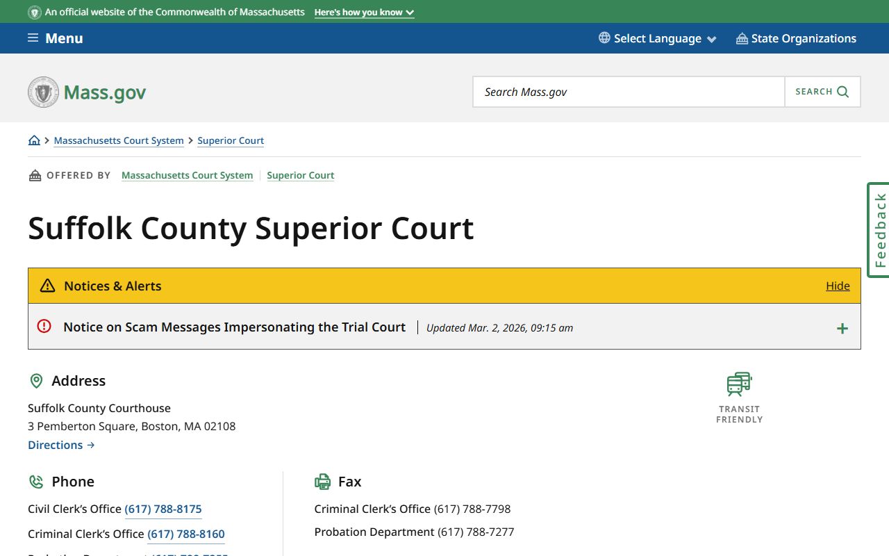 Suffolk County Superior Court page at mass.gov showing felony records access and contact details
