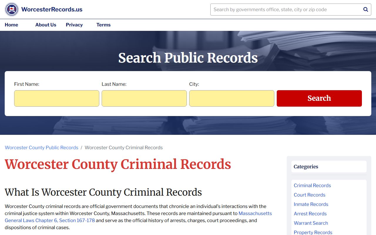 Worcester County criminal records resource website showing felony case search options