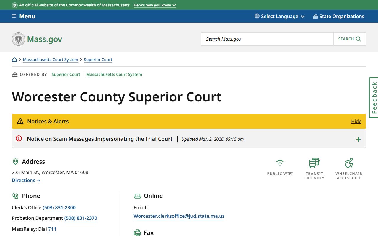 Worcester County Superior Court page with felony records and case access information