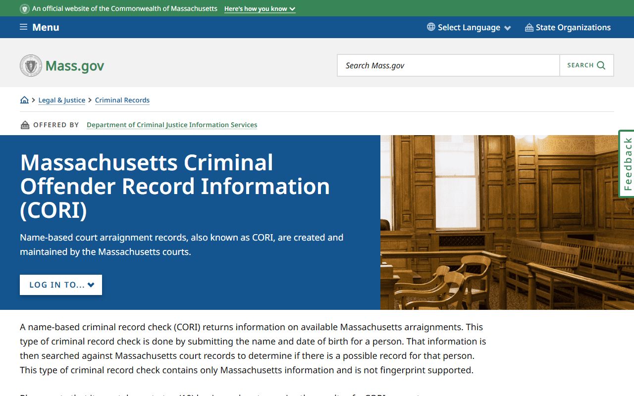 Massachusetts DCJIS CORI homepage for felony records