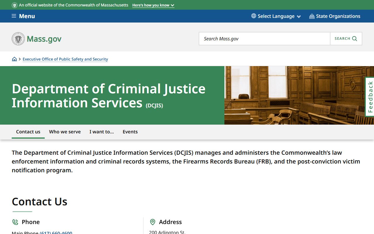 Massachusetts DCJIS homepage for felony records